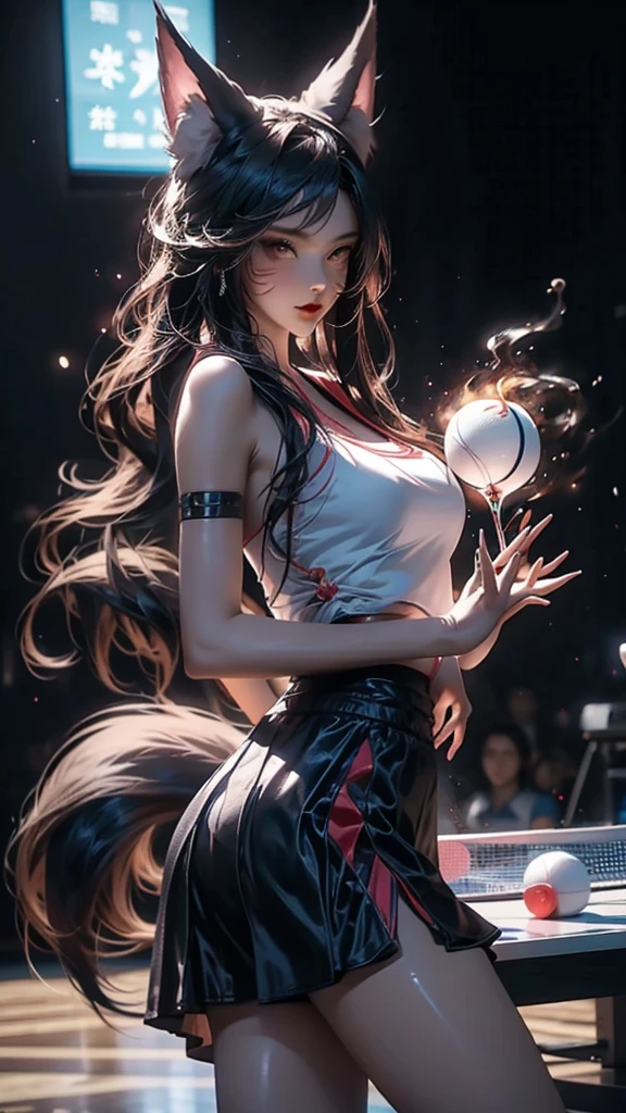 Sportscenter,exciting competition,Japanese nine-tailed fox girl,Long flowing hair,Wear sportswear,on the table tennis court,table tennis match