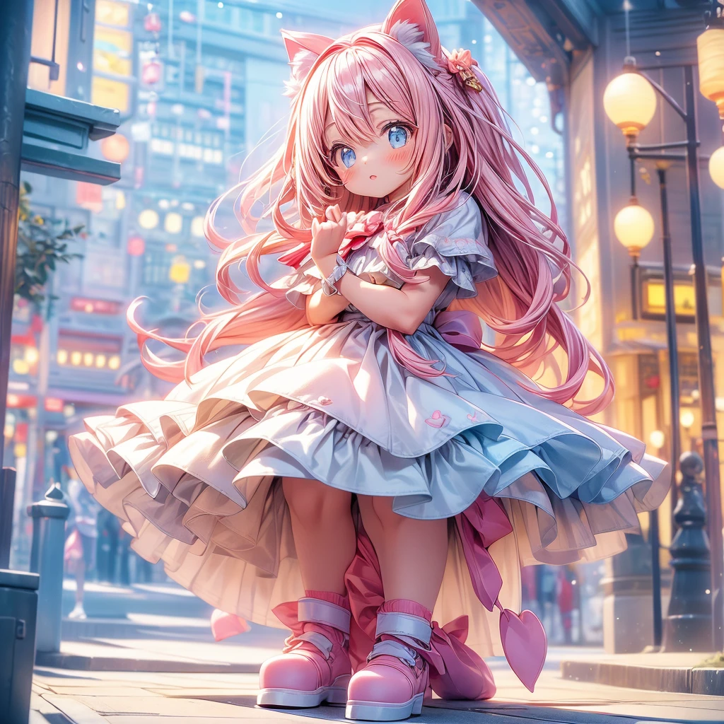 Cute girl with cat ears、Japan anime style、Moe、(full body2.0)、(1 person only 2.1)、(No background 1.8)、Authentic and highly detailed body、、girl with、childish、10yaers old、length hair、bangss、A pink-haired、Authentic and highly detailed face、beautiful eyes that are authentic and highly detailed,、 Authentic and very delicate arms and hands、Authentic and highly detailed human hands(5 fingers)、The most beautiful girl in the world、Delicate and beautiful pink cat eyes、Authentic skin texture、Plain clothe、ta、a miniskirt、(Authentic and highly detailed pink knee-high stockings 2.5)、(Authentic and highly detailed long boots 1.5)