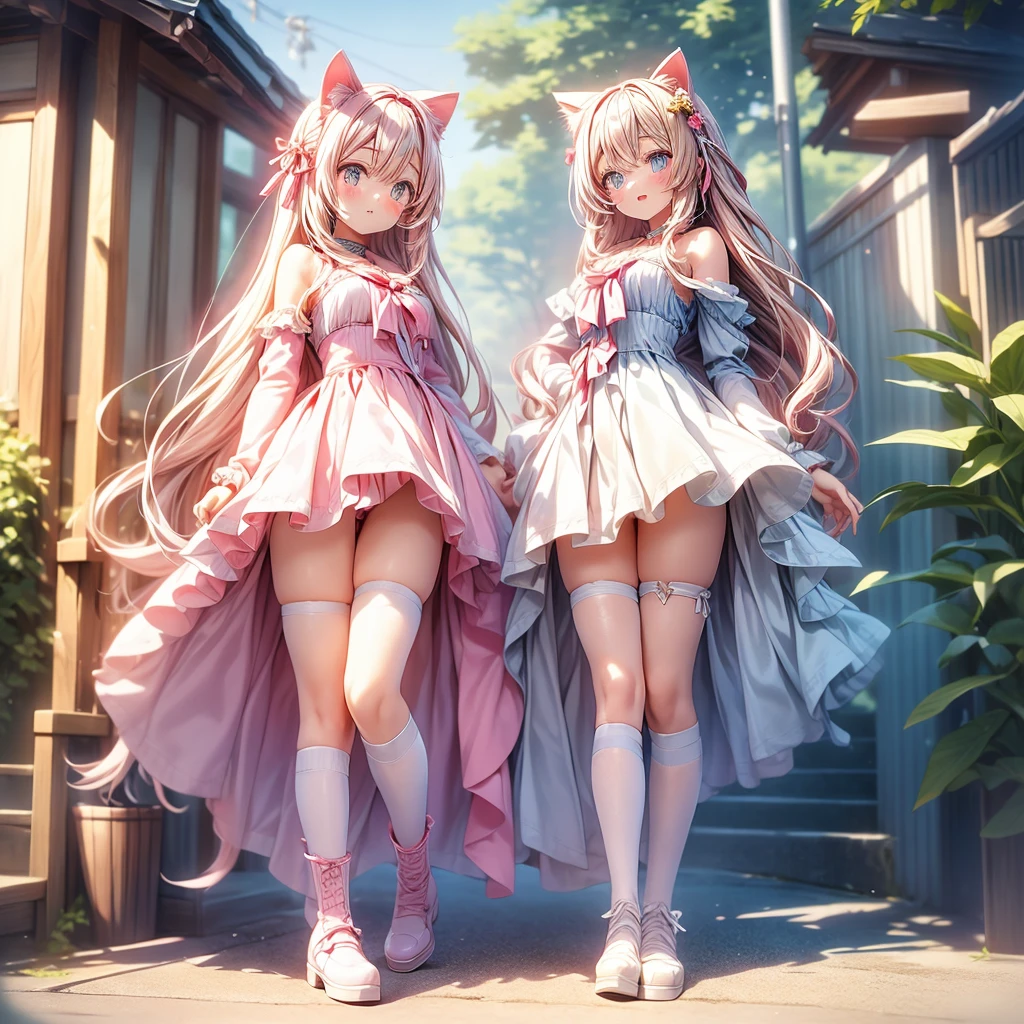 Cute girl with cat ears、Japan anime style、Moe、（full body2.0）、（1 person only 2.1）、（No background 1.8）、Authentic and highly detailed body、、girl with、childish、10yaers old、length hair、bangss、A pink-haired、Authentic and highly detailed face、beautiful eyes that are authentic and highly detailed,、 Authentic and very delicate arms and hands、Authentic and highly detailed human hands（5 fingers）、The most beautiful girl in the world、Delicate and beautiful pink cat eyes、Authentic skin texture、Plain clothe、Lolita、a miniskirt、（Authentic and highly detailed pink knee-high stockings 2.5）、（Authentic and highly detailed long boots 1.5）