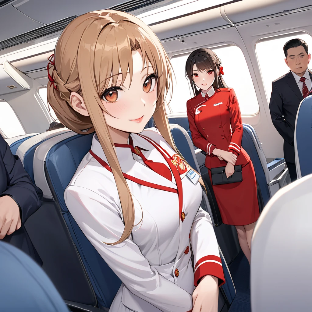 ((Highest quality)), ((masterpiece)), (detailed), （Perfect Face）、The woman is a Chinese flight attendant for Air China, named Yuuki Asuna, with light brown, medium-long hair.、The woman is wearing the red uniform of an Air China flight attendant.、The woman is an honorable special flight attendant reserved for members of the Chinese Communist Party.