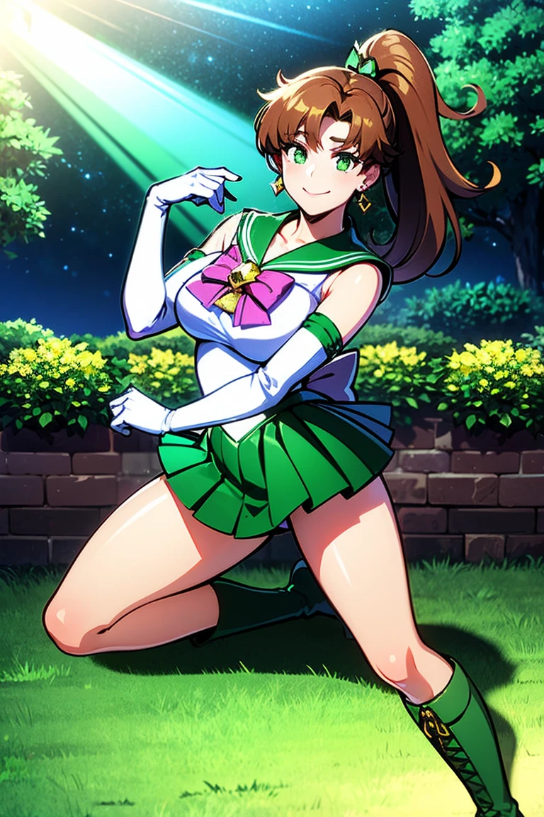 best quality, masterpiece, Sailor Jupiter, Purple bow,Green Elbow Gloves, Bangs, Brown Ponytail, Gold Crown, Jewelry, earrings, Green skirt, boots, Looking at the audience, Smile, Happy,
permanent, Cute pose, external, garden, Trees, Stars and space,  Extremely detailed, HDR, Good quality, simulation, Take the exam paper