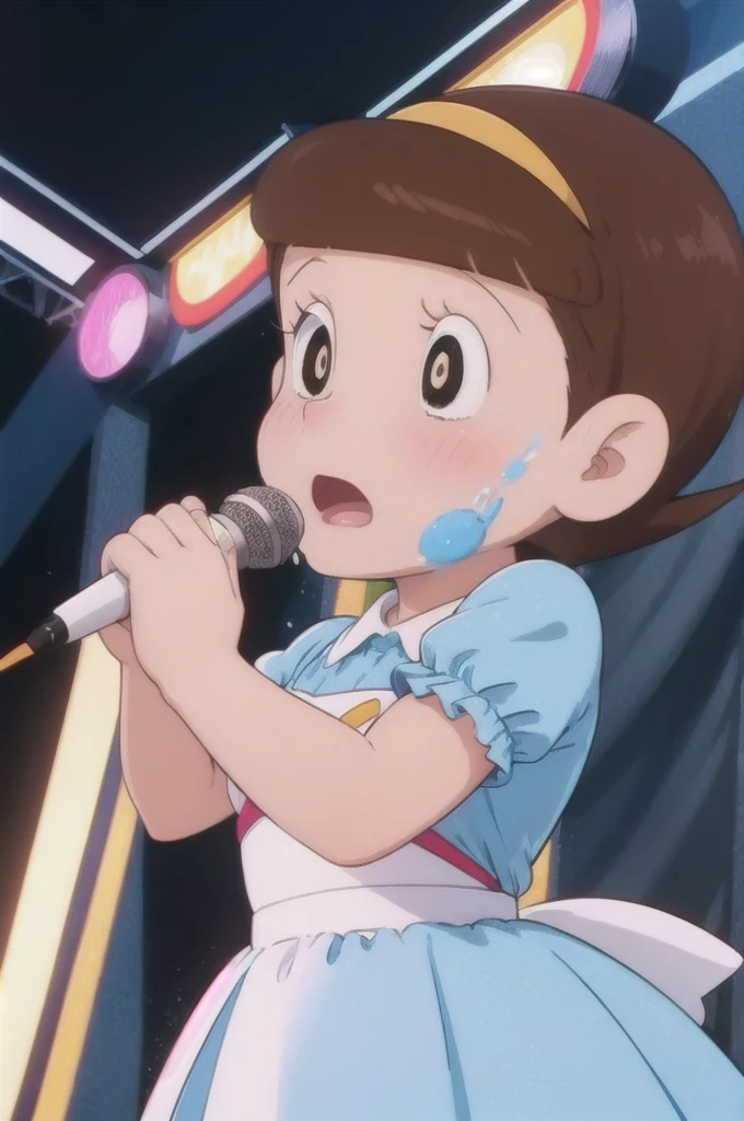 a beautiful idol girl hoshinosumire singing on stage, 1980s retro art style, 1990s style, detailed facial features, long eyelashes, detailed dress, cute expression, audience watching, best quality, 4K, 8k, highres, masterpiece, ultra-detailed, realistic, photorealistic, vivid colors, studio lighting, sharp focus, physically-based rendering, Full body images, Singing without a microphone,150cm, 5-head body and good figure, Make your breasts a little bigger,Expressions full of sexual pleasure,In a sexy outfit that shows off her bust more