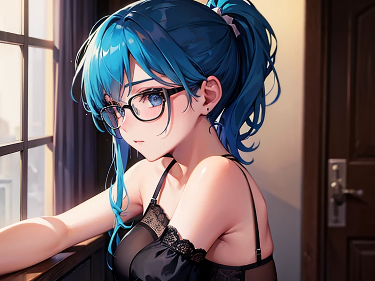 Girl with blue hair, glasses and ponytail hairstyle in black lingerie
