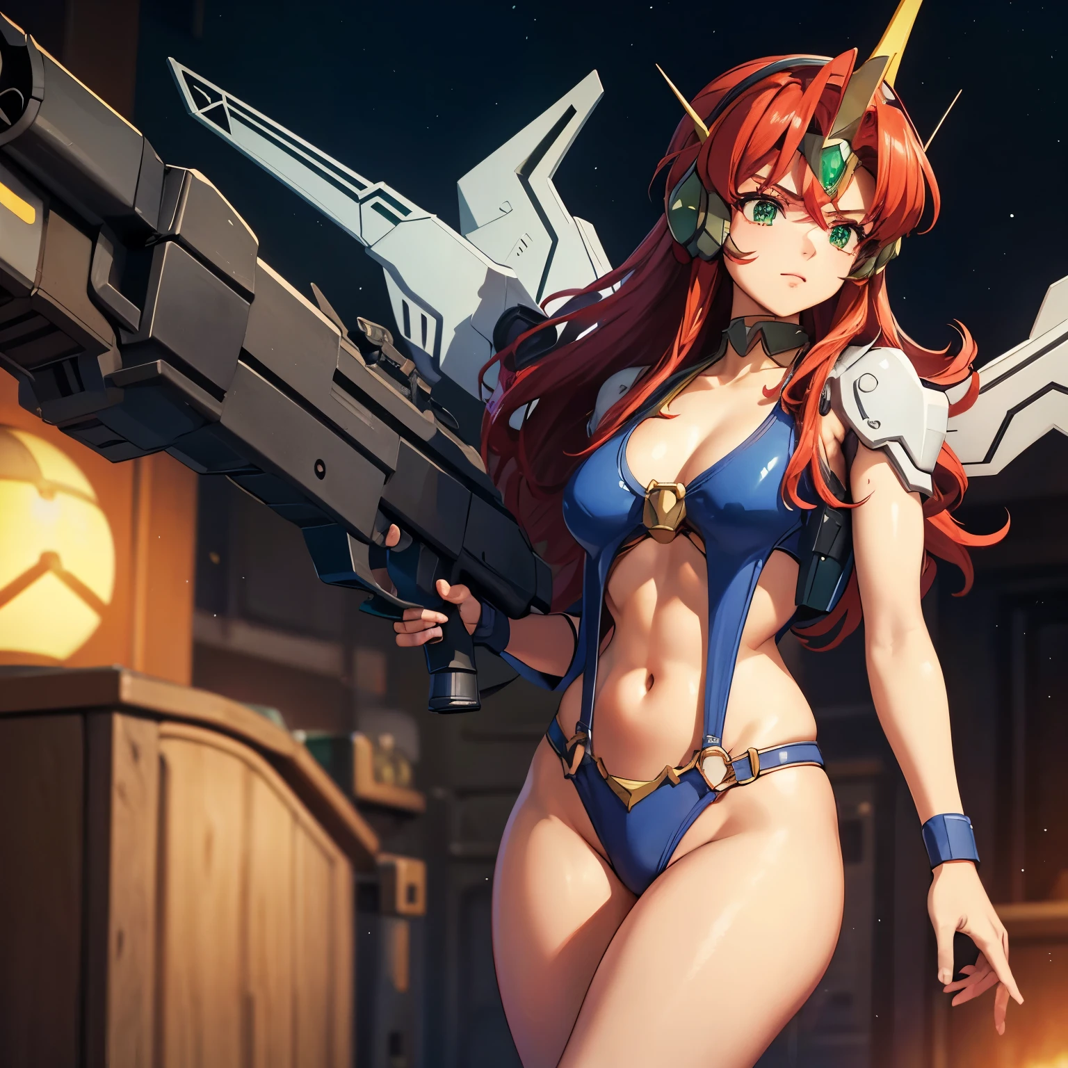Imperial Guard Combat Uniform Swimsuit, o-ring bikini, v gundam, swimsuit, absurdres, highres, solo, cowboy shot, 1girl, neneka nibrou \(cosplay\), wristband, headphone, holster, backpack, holding gun, aiming, perfect hands, wind, (highres,best_quality,masterpiece), medium breast, hair ornament, valsione r, long hair, red hair, green eyes, medium breasts, mecha musume, mechanical parts, mecha armor, shoulder plates, robot, mechnical wings