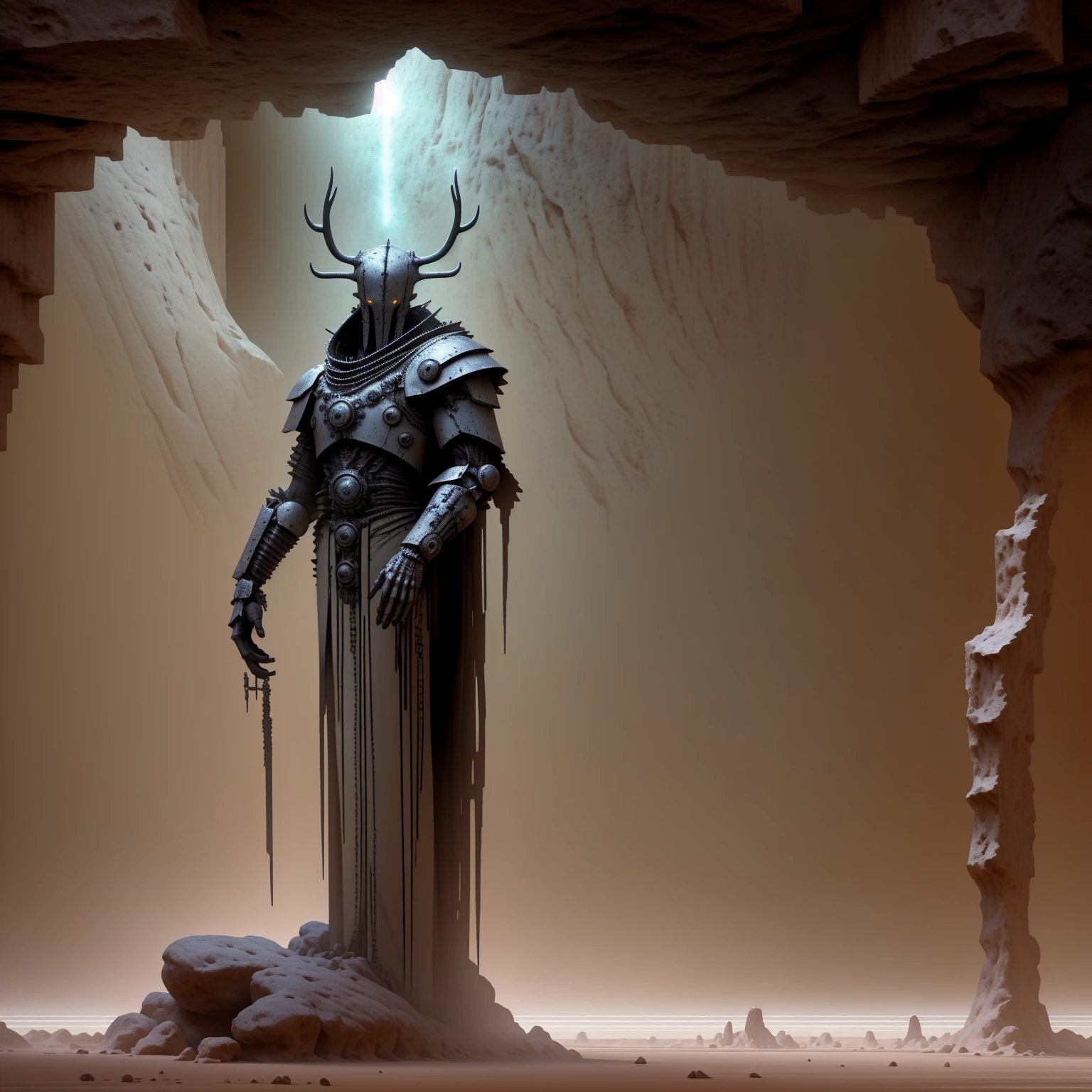 a giant robot on a platform in a desert cave, leaning forward, 6 bright white glowing eyes arranged in a hexagon, smooth metal plating covering the mechanics, divine aura, multiple long slender arms resting below, mechanical, massive metal ring around head, slender body, draped in various tattered garbs, large metal antlers, creepy, lots of legs, thick lineart