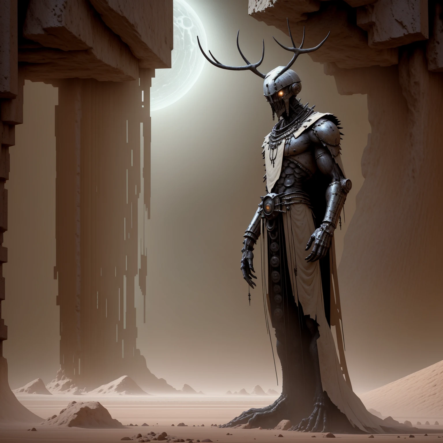 a giant robot on a platform in a desert cave, leaning forward, 6 bright white glowing eyes arranged in a hexagon, smooth metal plating covering the mechanics, divine aura, multiple long slender arms resting below, mechanical, massive metal ring around head, slender body, draped in various tattered garbs, large metal antlers, creepy, lots of legs, thick lineart