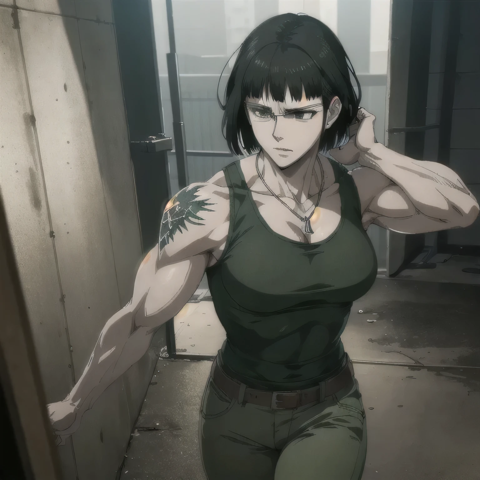 (best quality,ultra-detailed,realistic:1.37),musclaur badass girl with sculpted body with preview her musclaur body and eight-pack, full review of the female character's face and body, intense expression, strong and confident posture, studio lighting, vivid colors, physiologically-based rendering, grungy texture, rugged background, dust particles in the air, commanding presence, professional, powerful, gritty aesthetics,,Valmet،short hair,necklace,clean muscles،wearing green military pants with belt and sport green tank top , tattoos on shoulders,clean clothes,1girl(solo),fat free body