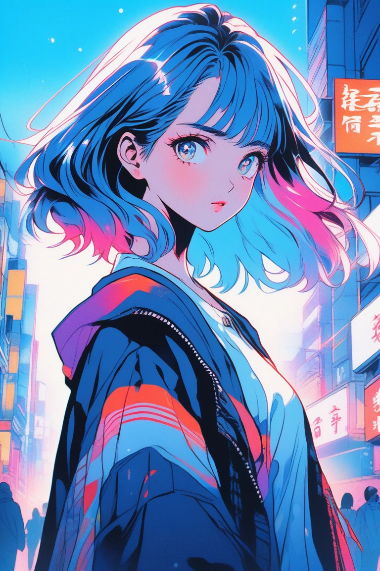Illustrator, japanese cartoon movies , realistic ,sketch , 1 girl, White skin, shining pupils, blue gradient background, Neon Hair,textured trim, city background, (masterpiece,best quality), 8k, Vivid color, Vivid colors, whole body,