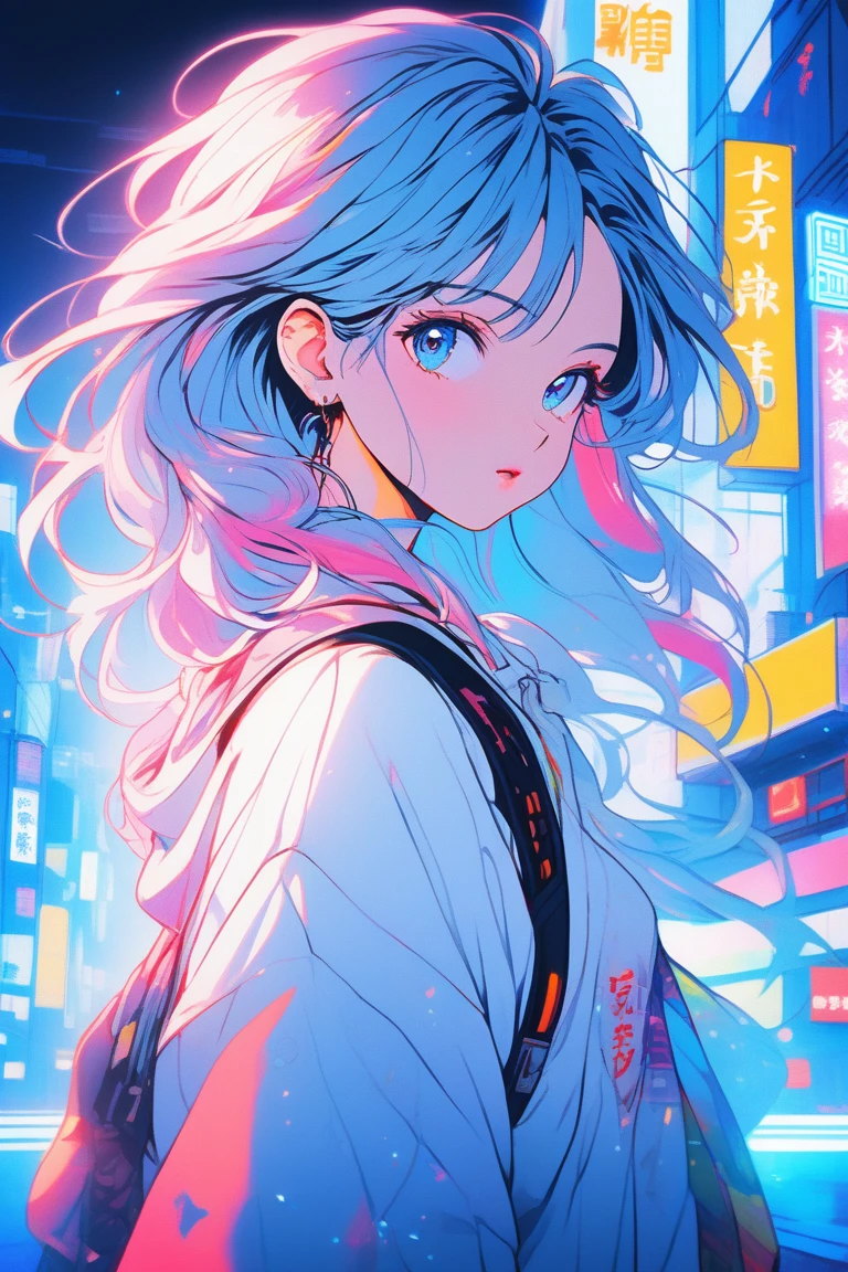 Illustrator, japanese cartoon movies , realistic ,sketch , 1 girl, White skin, shining pupils, blue gradient background, Neon Hair,textured trim, city background, (masterpiece,best quality), 8k, Vivid color, Vivid colors, whole body,