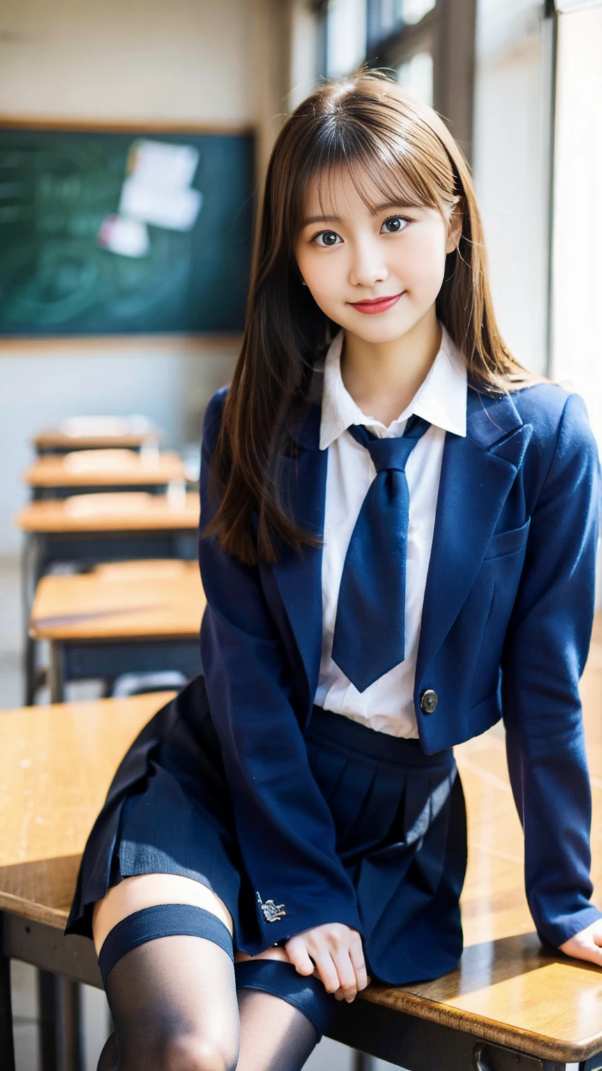 Symmetrical face, beautiful girl, One beautiful woman, Long blonde hair, blue eyes, A blue ribbon in her hair, High School Outfit, Black blazer, Black Skirt, Blue tie, Medium Bust, Wearing thigh-high stockings, In the classroom, Serious expression, High resolution, smile