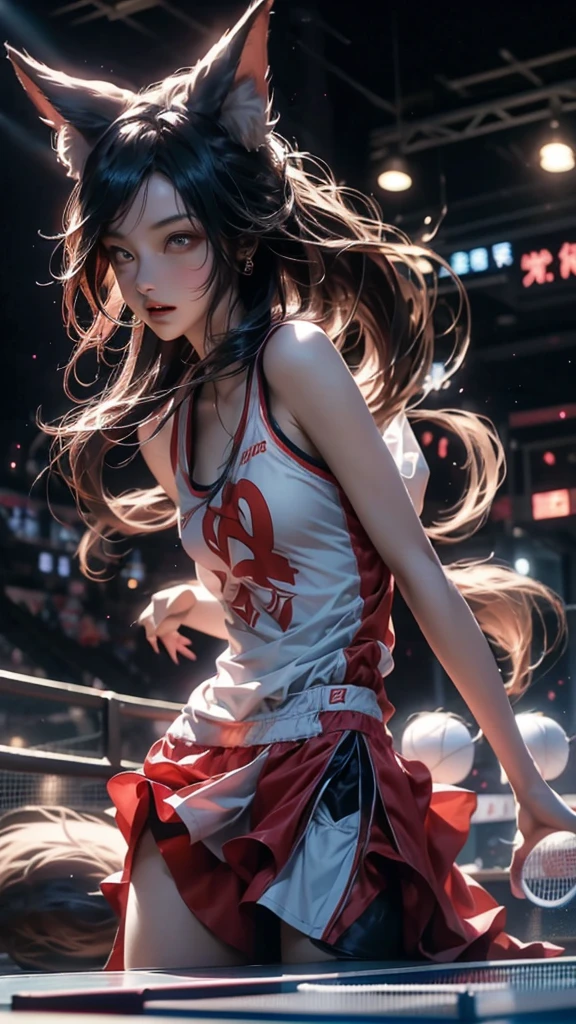 Sportscenter,exciting competition,Japanese nine-tailed fox girl,Long flowing hair,Wear sportswear,on the table tennis court,play table tennis,During the game
