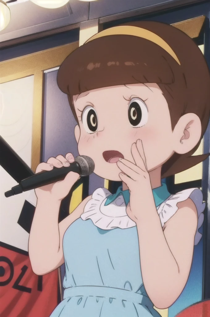 a beautiful idol girl hoshinosumire singing on stage, 1980s retro art style, 1990s style, detailed facial features, long eyelashes, detailed dress, cute expression, audience watching, best quality, 4K, 8k, highres, masterpiece, ultra-detailed, realistic, photorealistic, vivid colors, studio lighting, sharp focus, physically-based rendering, Full body images, Singing without a microphone,150cm, 5-head body and good figure, Make your breasts a little bigger,Expressions full of sexual pleasure,In a sexy outfit that shows off her bust more