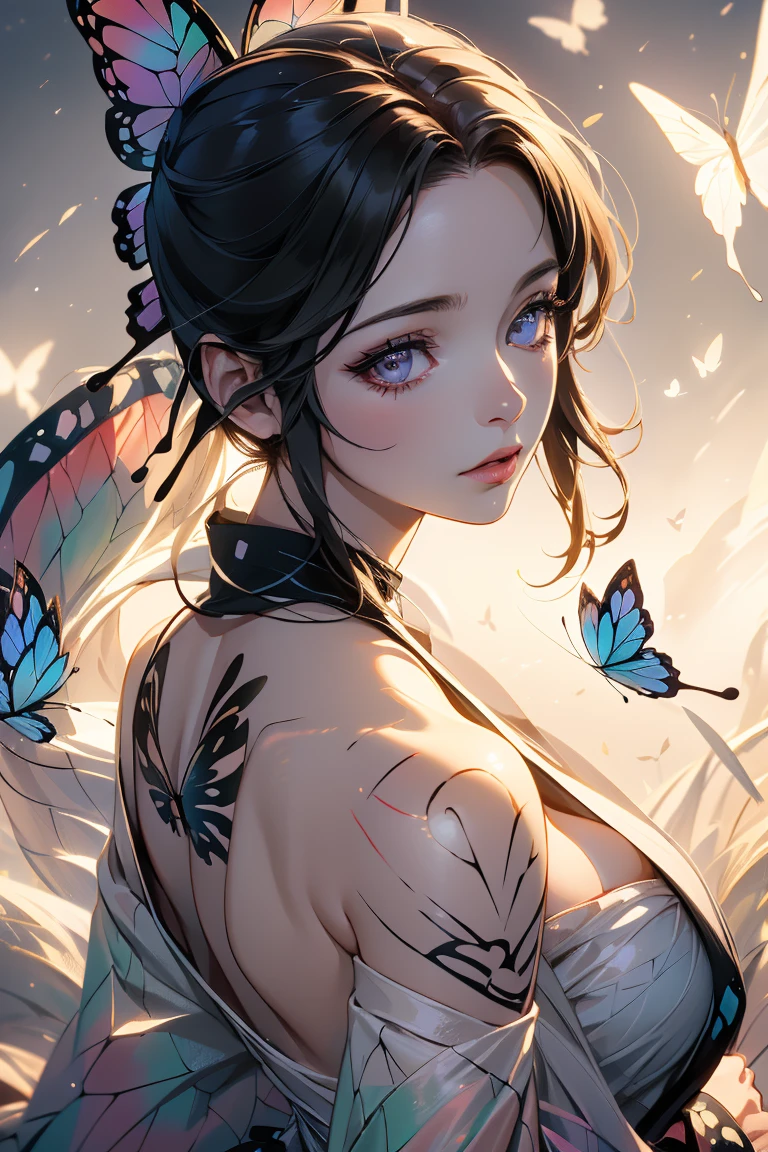 a woman wearing a traditional japanese kimono, ((large butterfly tattoo on her back)), beautiful detailed eyes, beautiful detailed lips, extremely detailed eyes and face, long eyelashes, detailed intricate kimono patterns, cinched waist, flowing sleeves, traditional japanese hairstyle, natural lighting, warm color tones, ((large butterfly tattoo on her back))(best quality,4k,8k,highres,masterpiece:1.2),ultra-detailed,(realistic,photorealistic,photo-realistic:1.37),cinematic lighting,vibrant colors,detailed texture,intricate details,seamless,elegant,beautiful,graceful