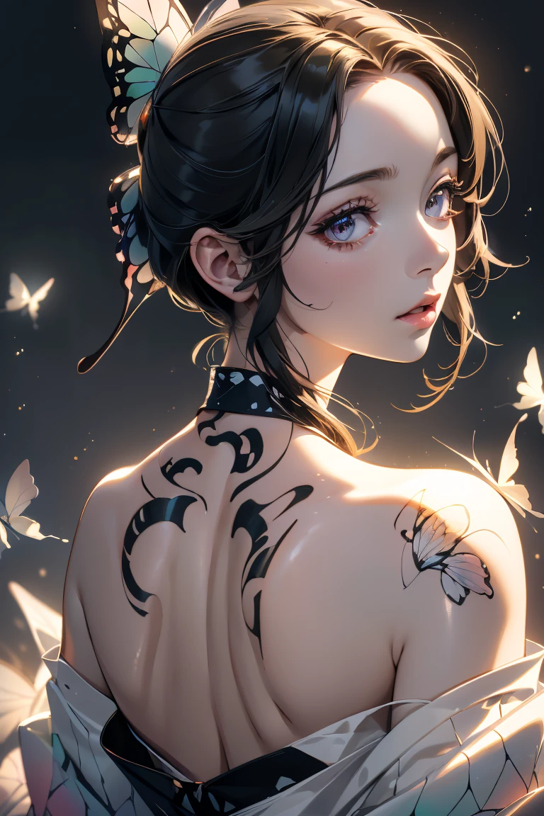 a woman wearing a traditional japanese kimono, ((large butterfly tattoo on her back)), beautiful detailed eyes, beautiful detailed lips, extremely detailed eyes and face, long eyelashes, detailed intricate kimono patterns, cinched waist, flowing sleeves, traditional japanese hairstyle, natural lighting, warm color tones, ((large butterfly tattoo on her back))(best quality,4k,8k,highres,masterpiece:1.2),ultra-detailed,(realistic,photorealistic,photo-realistic:1.37),cinematic lighting,vibrant colors,detailed texture,intricate details,seamless,elegant,beautiful,graceful