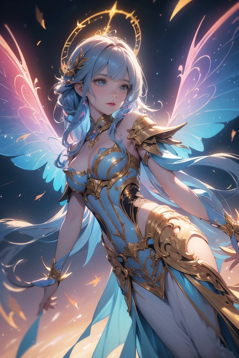 (best quality, masterpiece, colorful, dynamic angle, from below, highest detailed)upper body photo, full body photo, fashion photography of cute mechangel, glowing 4 wings, solo, glowing armor, glowing halo, building, glowing mechanical 4 wings (intricate details, hyperdetailed:1.15), detailed, light passing through hair, (official art, extreme detailed, highest detailed), HDR+