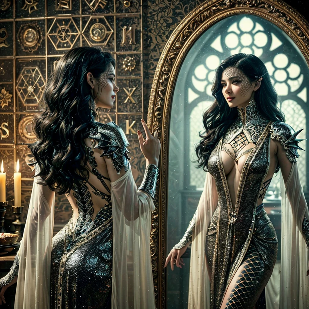 elegant leather armor, tightly fitting figure, intricately detailed curves, sensual features, provocative pose, coy smile, intense seductive gaze, graceful yet sultry movements, dark smoky tavern setting, admiring male onlookers, dramatic lighting, accentuating physical allure, best quality, 4k, 8k, highres, masterpiece, ultra-detailed, realistic, photorealistic, photo-realistic, cinematic, intricate details, dramatic chiaroscuro lighting, scales on belly, hips, legs, arms, full lactating breasts, partially on face