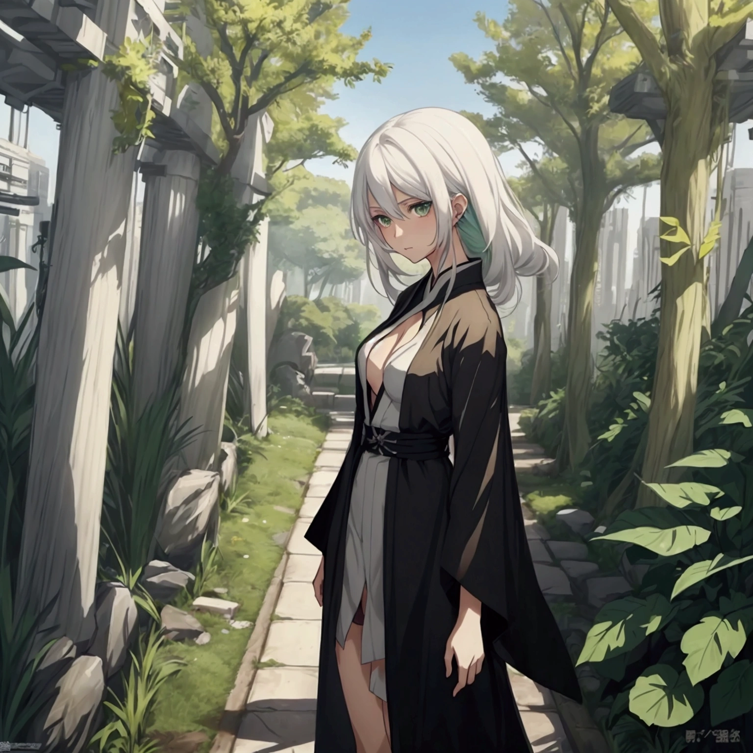 Green ruins Dystopia Bright sun One Woman, White hair color、profile、Amazing anime 8k,male Anime characters, trigger anime art style,Japanese sword、 Best anime 4k konachan wallpaper, Nervous Teenage Assassin, Anime-style characters, Anime characters,