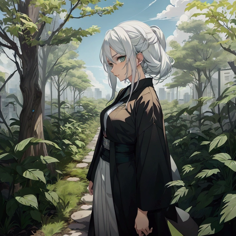 Green ruins　Dystopia　Bright sun　One Woman, White hair color、profile、Amazing anime 8k,male Anime characters, trigger anime art style,Japanese sword、 Best anime 4k konachan wallpaper, Nervous Teenage Assassin, Anime-style characters, Anime characters,