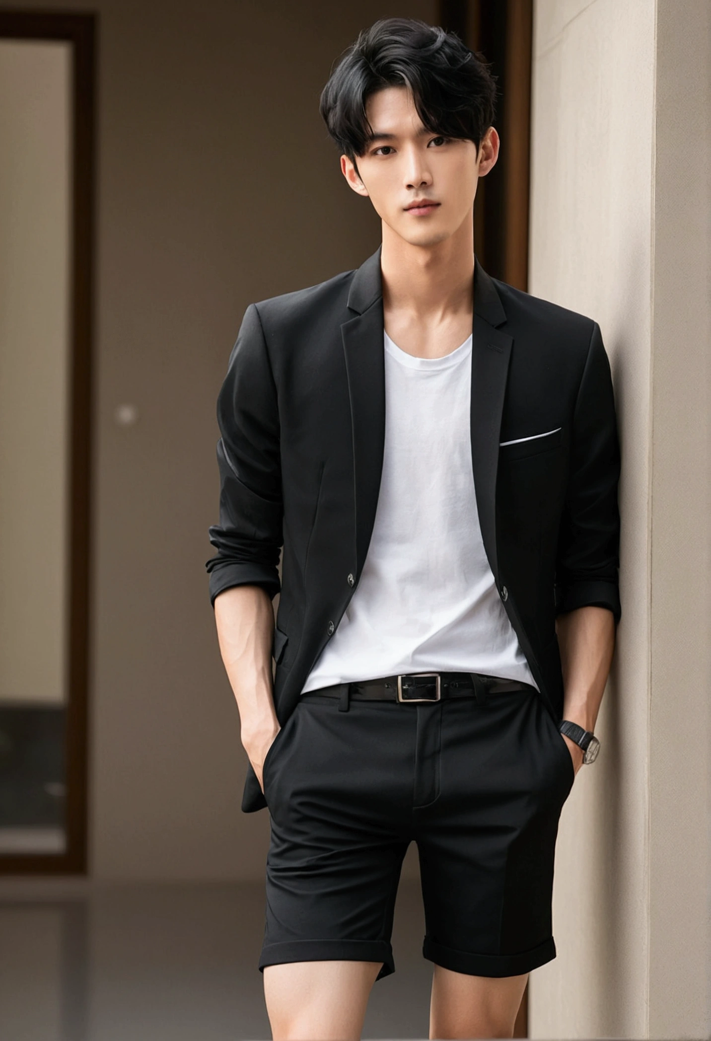 one person, permanent, Wear short, thigh, Handsome and young, Skinny , Black Hair , Handsome