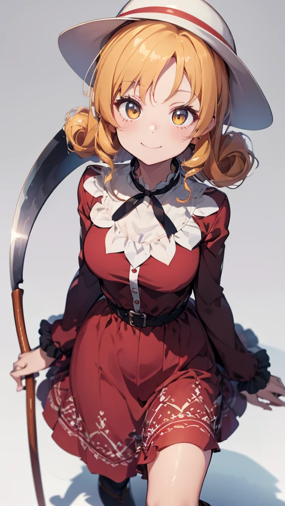 a drawing of an anime character in a red dress and boots with a large scythe, ((high end)), (UHD picture), (best quality,4k,8k,highres,masterpiece:1.2), top-quality(​masterpiece), top-quality, ultra-detailed, highly detailed texture, intricate details, high quality textures, masterpiece, best quality, perfect quality, perfect anatomy, perfect body, perfect symmetrical face, perfect hands, perfect feet, (two arms:1.2), (two legs:1.2), (five fingers each:1.2), (perfect joint:1.2), perfect joint movement, precise fingers and hands, 1 beautiful girl, 1 girl, alone, solo, , 10 years old, (((loli))), ((childish)), hat, white hat, blonde hair, long hair, parted bangs, drill hair, well-formed face, yellow eyes, maxi dress, red dress, dress, long sleeves, frills, long skirt, simple background, scythe, holding scythe, holding, white socks, smile, cute face, beautiful, holding scythe