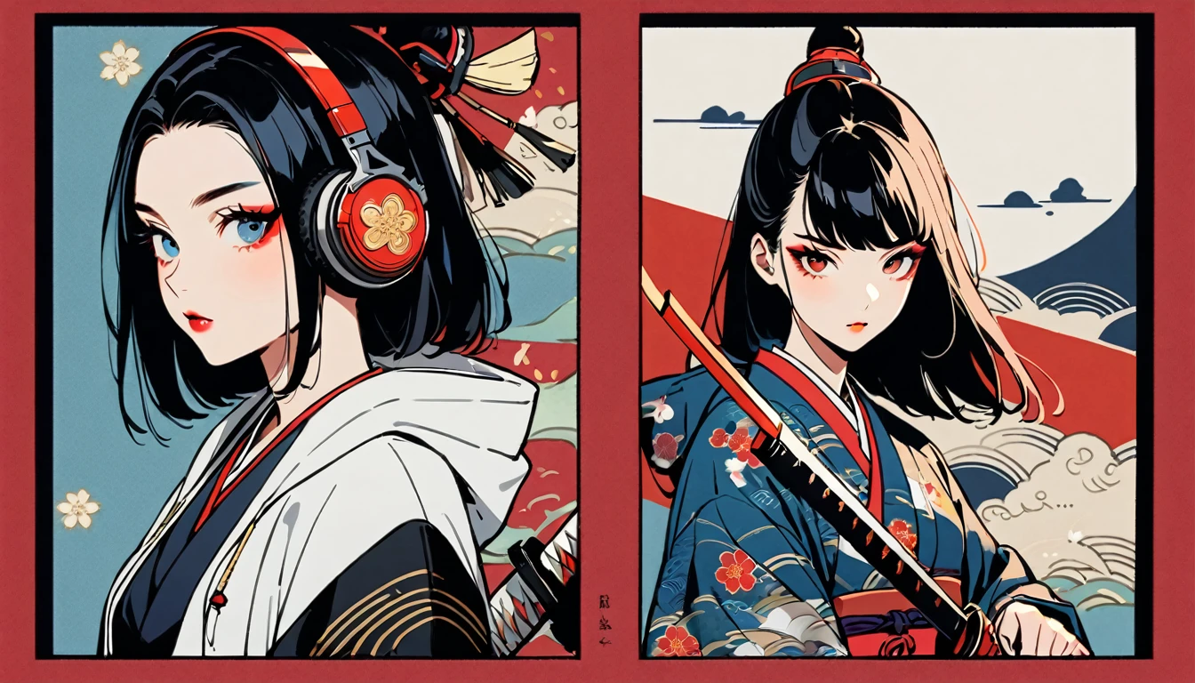 (((1 girl))), (((Flashy makeup))), (((Japanese style headphones))), (((Japanese pattern hoodie))), (((Japanese sword))), (((Female samurai))), Japanese beautiful girl, Black Hair, Delicate and precise, Modern ukiyo-e style, Japanese flag, red and blue neon