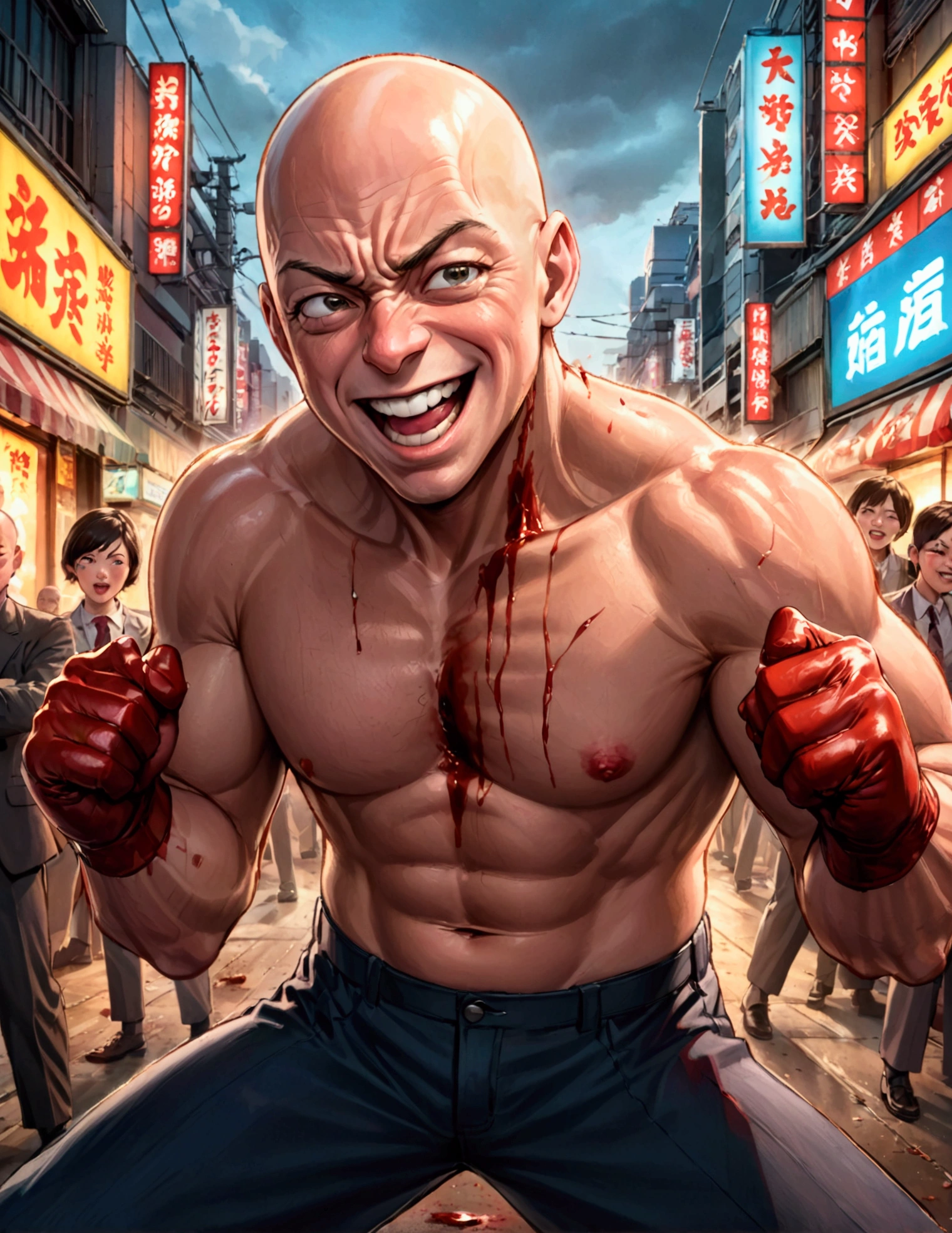 (Mad Magazine cover) A muscular bald man with a wide grin, a classic Alfred E. Newman face, in a heroic one-punch pose, the bloody remains of a monster strewn across a panicked crowd in downtown Tokyo, dynamic action, cinematic lighting, digital painting, highly detailed, 8k, photorealistic, dynamic composition, dramatic atmosphere, striking colors, vibrant (title across the top MAD)
