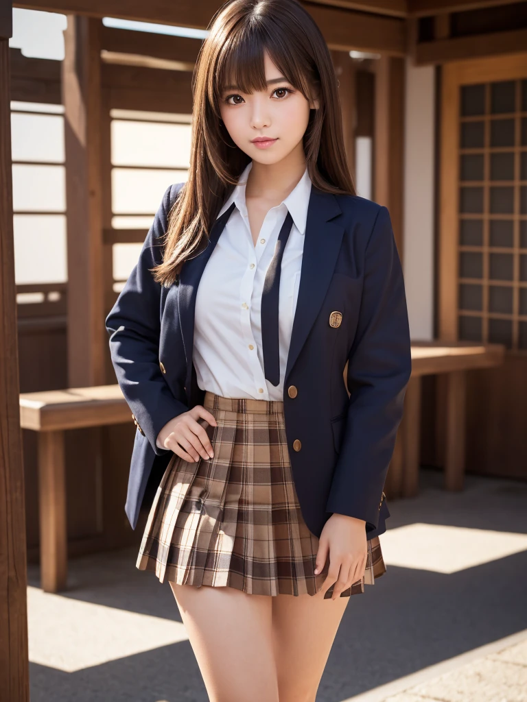 Product quality,1 girl,Cowboy Shot,Front view,Young and pretty girl in Japan,During the day, Schoolgirl uniform,blazer,Wearing, Wearing a checkered pleated micro mini skirt,Super cute face,Glossy Lips,Double eyelids on both eyes,(Natural Makeup),shiny smooth light brown hair with long hair,,Asymmetrical bangs,Center image,8k resolution,Attention to detail,Detailed hairstyle,Detailed face,Cinema Lighting,Octane Rendering,Ultra-realistic,Perfect limbs,Beautiful feet,Voluptuous thighs,Huge breasts,Perfect Anatomy,