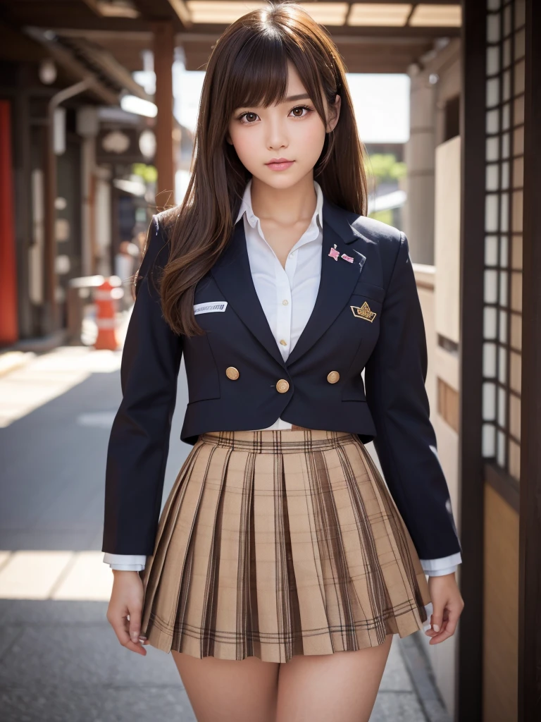 Product quality,1 girl,Cowboy Shot,Front view,Young and pretty girl in Japan,During the day, Schoolgirl uniform,blazer,Wearing, Wearing a checkered pleated micro mini skirt,Super cute face,Glossy Lips,Double eyelids on both eyes,(Natural Makeup),shiny smooth light brown hair with long hair,,Asymmetrical bangs,Center image,8k resolution,Attention to detail,Detailed hairstyle,Detailed face,Cinema Lighting,Octane Rendering,Ultra-realistic,Perfect limbs,Beautiful feet,Voluptuous thighs,Huge breasts,Perfect Anatomy,