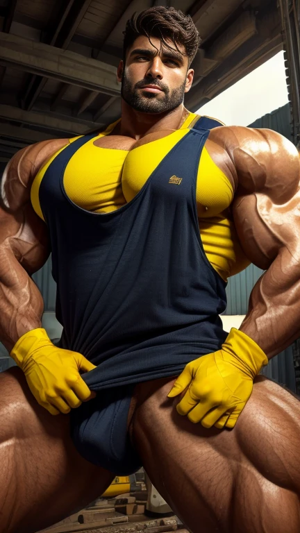 20 years old Desi mascular dark skin handsome jaat construction man with wetty skin sweat is dripping from body huge wide muscular shoulders, wide chest, abs, masculine wide triceps, arms, biceps, big masculine legs, wide thighs, calfs, black-haired, hair falls on your face, Mesmerizing brown eyes, front opened unbuttoned yellow vest, yellow gloves in hand, standing in style with spread legs at construction site, seductive,erotic, masterpiece