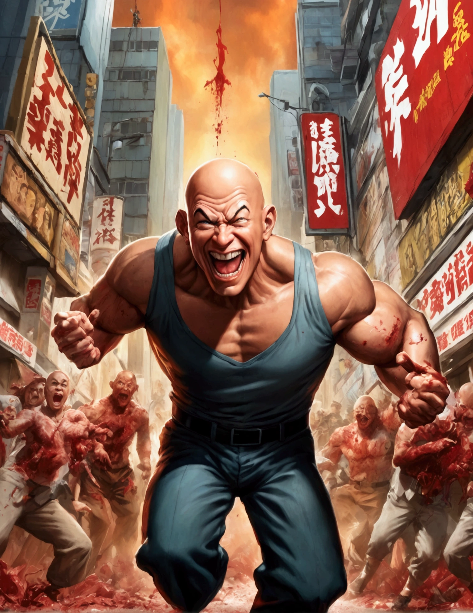(Mad Magazine cover) A muscular bald man with a wide grin, a classic Alfred E. Newman face, in a heroic one-punch pose, the bloody remains of a monster strewn across a panicked crowd in downtown Tokyo, dynamic action, cinematic lighting, digital painting, highly detailed, 8k, photorealistic, dynamic composition, dramatic atmosphere, striking colors, vibrant (title across the top MAD)