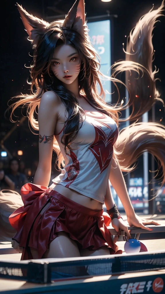 Sportscenter,exciting competition,Japanese nine-tailed fox girl,Long flowing hair,Wear sportswear,on the table tennis court,play table tennis,During the game