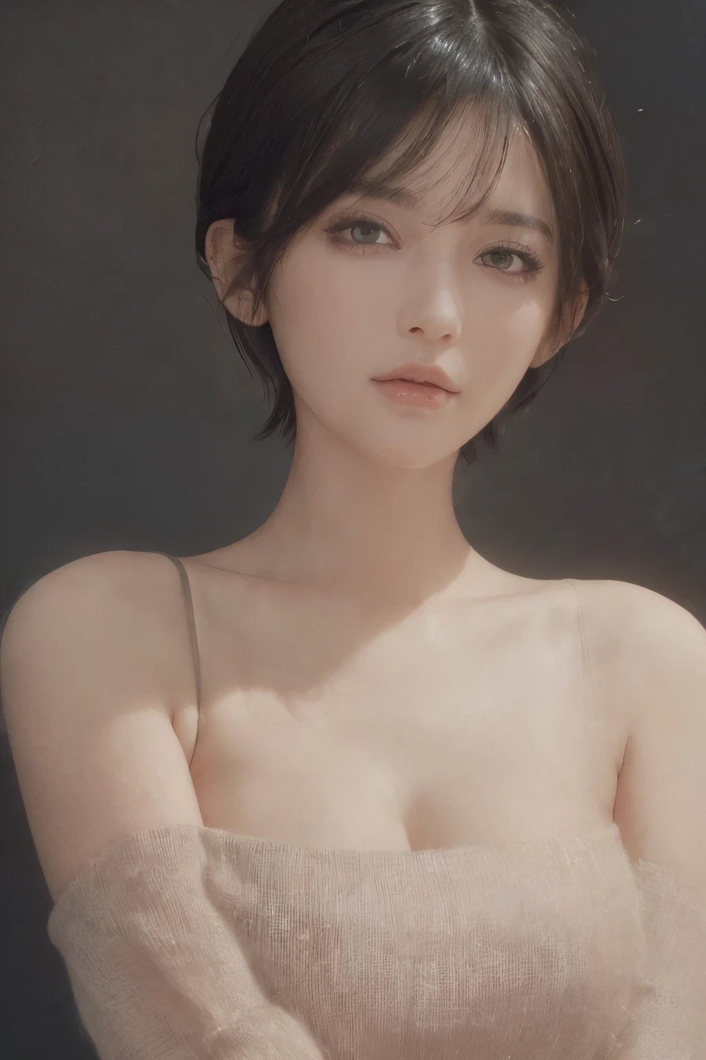 (masterpiece:1.3), (8K, Reality, RAW photos, best quality: 1.4), (1 Girl), Pretty Face, (Realistic face), (Black Hair, short hair:1.3), Beautiful hairstyle, Realistic eyes, Beautiful and delicate eyes, (Realistic skin), Beautiful Skin, (sweater), absurd, attractive, Ultra-high resolution, Surreal, Very detailed, Golden Ratio