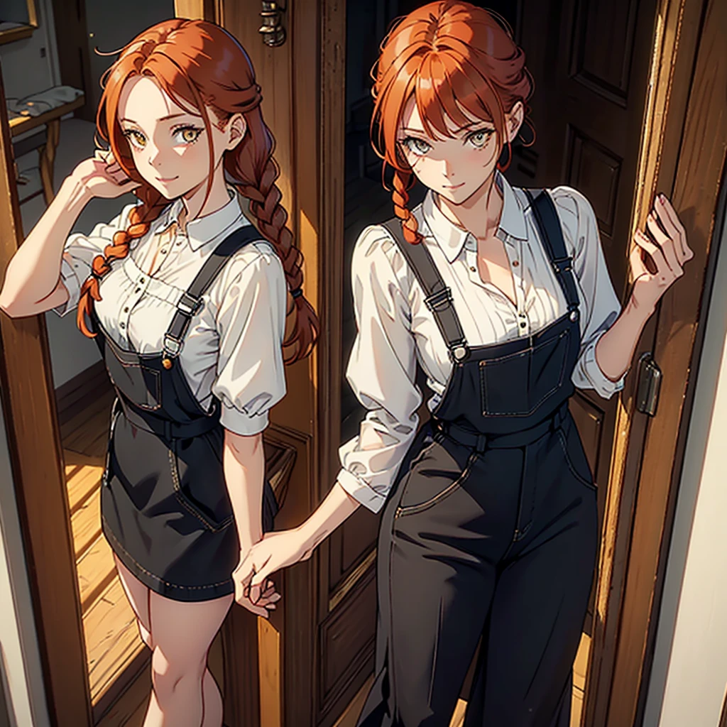 One woman, (natural redhead), honey yellow eyes, by the wide, small braids, bright smile, detailed eyes, chest a little big, detailed body, beautiful body, detailed clothing, black overalls skirt with white blouse, head on, hands back leaning forward, flirtatious look, standing in the entrance of a house with the door open.