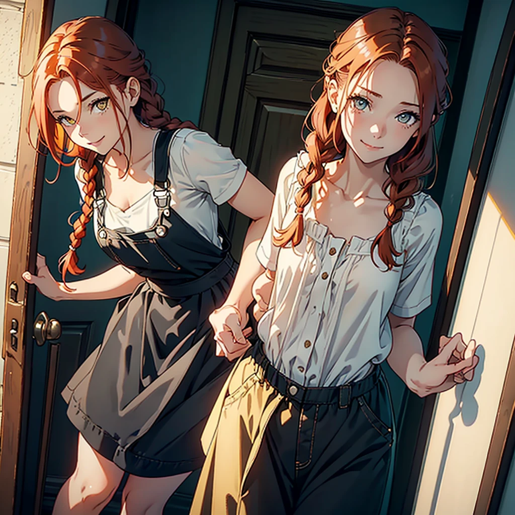 One woman, (natural redhead), honey yellow eyes, by the wide, small braids, bright smile, detailed eyes, chest a little big, detailed body, beautiful body, detailed clothing, black overalls skirt with white blouse, head on, hands back leaning forward, flirtatious look, standing in the entrance of a house with the door open.
