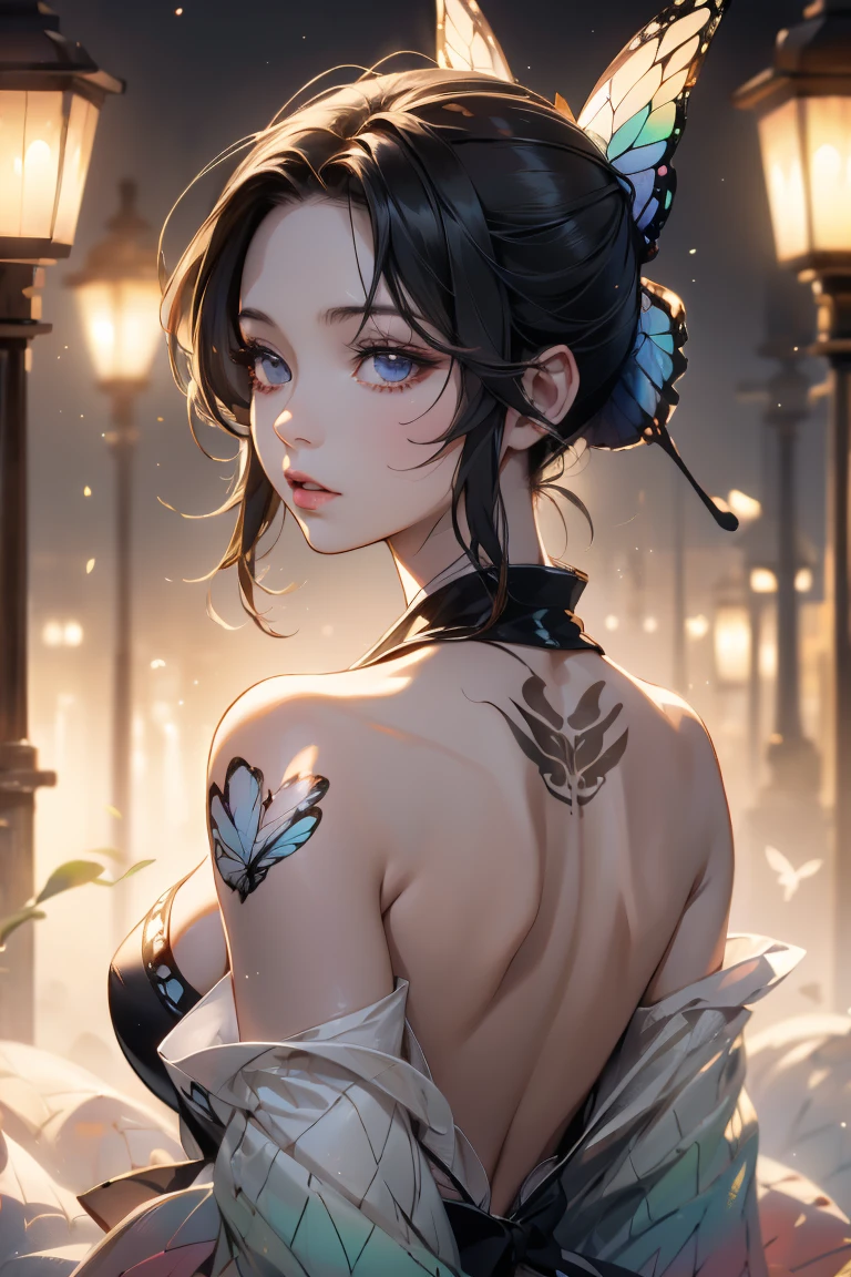Shinobu, a woman wearing a traditional japanese kimono, ((large butterfly tattoo on her back)), beautiful detailed eyes, beautiful detailed lips, extremely detailed eyes and face, long eyelashes, detailed intricate kimono patterns, cinched waist, flowing sleeves, traditional japanese hairstyle, natural lighting, warm color tones, ((large butterfly tattoo on her back))(best quality,4k,8k,highres,masterpiece:1.2),ultra-detailed,(realistic,photorealistic,photo-realistic:1.37),cinematic lighting,vibrant colors,detailed texture,intricate details,seamless,elegant,beautiful,graceful looking back, from behind, ass focus, standing, black eyes, half-closed eyes, curvy, wide hips, covered navel, impossible clothes, outdoors, night, sky, clouds, stars, streetlights, lights, buildings, plants, bushes, (narrowed eyes:1.2), (squinted eyes:1.2), BREAK masterpiece, best quality, highly detailed background, perfect lightingbest quality, ((shiny skin, glossy skin, detailed skin)) , hands holding phone