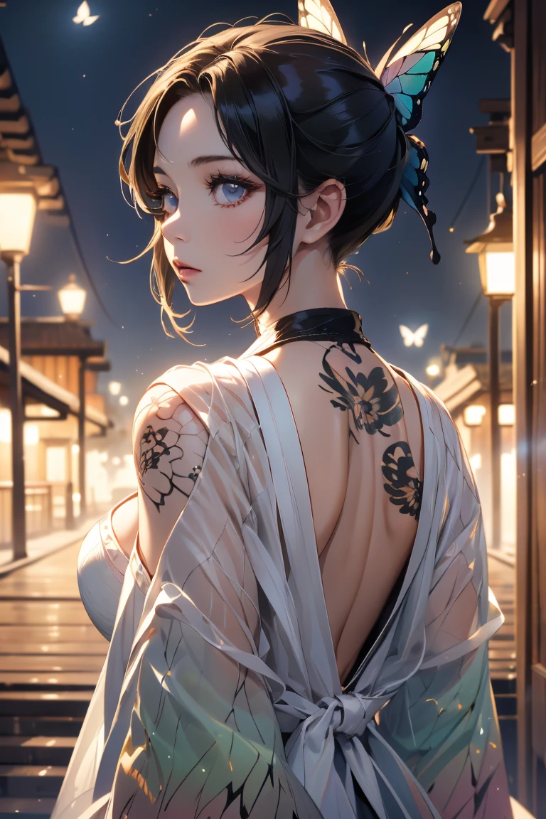 Shinobu, a woman wearing a traditional japanese kimono, ((large butterfly tattoo on her back)), beautiful detailed eyes, beautiful detailed lips, extremely detailed eyes and face, long eyelashes, detailed intricate kimono patterns, cinched waist, flowing sleeves, traditional japanese hairstyle, natural lighting, warm color tones, ((large butterfly tattoo on her back))(best quality,4k,8k,highres,masterpiece:1.2),ultra-detailed,(realistic,photorealistic,photo-realistic:1.37),cinematic lighting,vibrant colors,detailed texture,intricate details,seamless,elegant,beautiful,graceful looking back, from behind, ass focus, standing, black eyes, half-closed eyes, curvy, wide hips, covered navel, impossible clothes, outdoors, night, sky, clouds, stars, streetlights, lights, buildings, plants, bushes, (narrowed eyes:1.2), (squinted eyes:1.2), BREAK masterpiece, best quality, highly detailed background, perfect lightingbest quality, ((shiny skin, glossy skin, detailed skin)) , hands holding phone