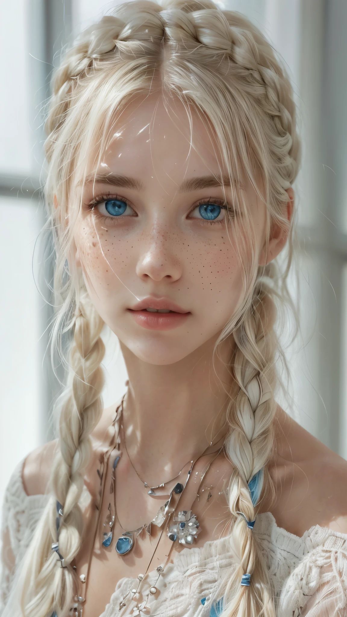 a close-up of a woman with long hair and a necklace, white freckles, beautiful face with white hair, blonde braids and blue eyes, Beautiful Nordic Woman, beautiful white hair, white braids, perfect white haired girl, with white hair, detailed gorgeous face, light and cute freckles, white - blonde hair, beautiful detailed body and face, Karol behind uhd