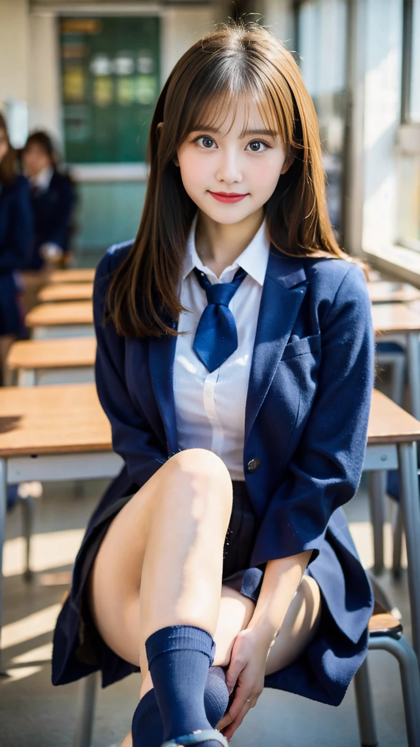 (Masterpiece, Masterpiece, 8k), One beautiful woman, Long blonde hair, blue eyes, A blue ribbon in her hair, High School Outfit, Black blazer, Black Skirt, Blue tie, Big Breasts, Thighs, Wearing high stockings, In the classroom, Serious expression, High resolution, Blur the background, Smile