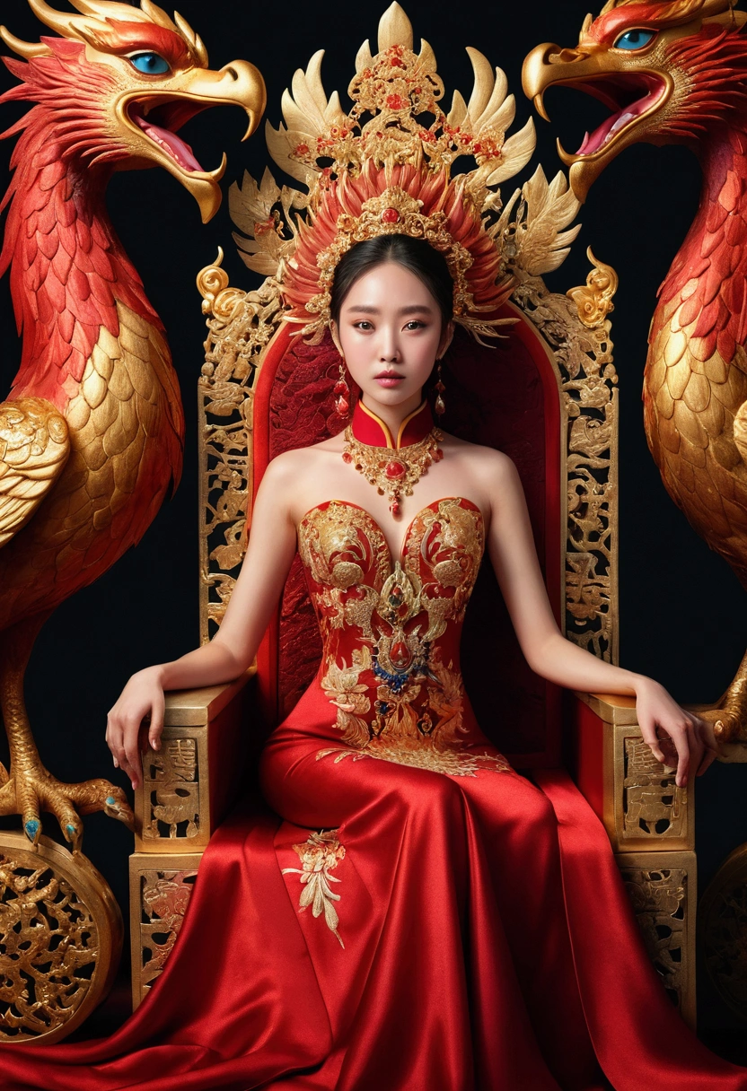 A Chinese girl sitting on a throne, a throne encrusted with precious stones, surrounded by Chinese phoenix beasts, gold and ruby color, unique monster illustration, Dau al set, high resolution, a painting, dense composition, playful repetition, precious stones, crystals, gold, detailed paintings, unique monster illustrations, super fine details, realistic, super high resolution, complex, super detail, (skin dents), cute, feminine, detailed body, (Detailed face: 1.1), (contoured iris), (watercolor lenses), (perfect eyes), 4k, gorgeous, (masterpiece: 1.2), (best quality: 1.2), gorgeous long dress, dynamic pose, rich colors, film light and shadow,red and golden clothes