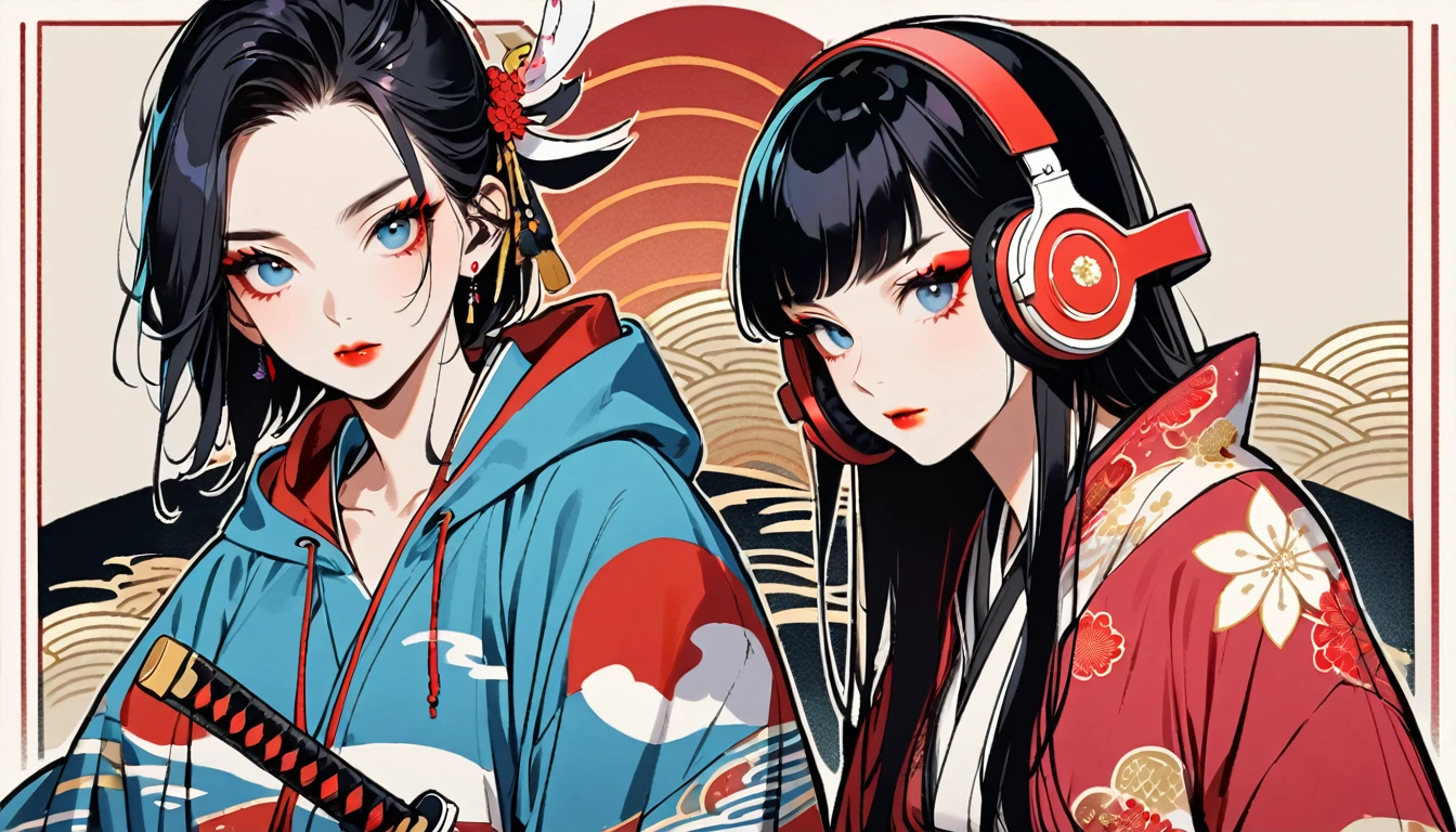 (((1 girl))), (((Flashy makeup))), (((Japanese style headphones))), (((Japanese pattern hoodie))), (((Japanese sword))), (((Female samurai))), Japanese beautiful girl, Black Hair, Delicate and precise, Modern ukiyo-e style, Japanese flag, red and blue neon