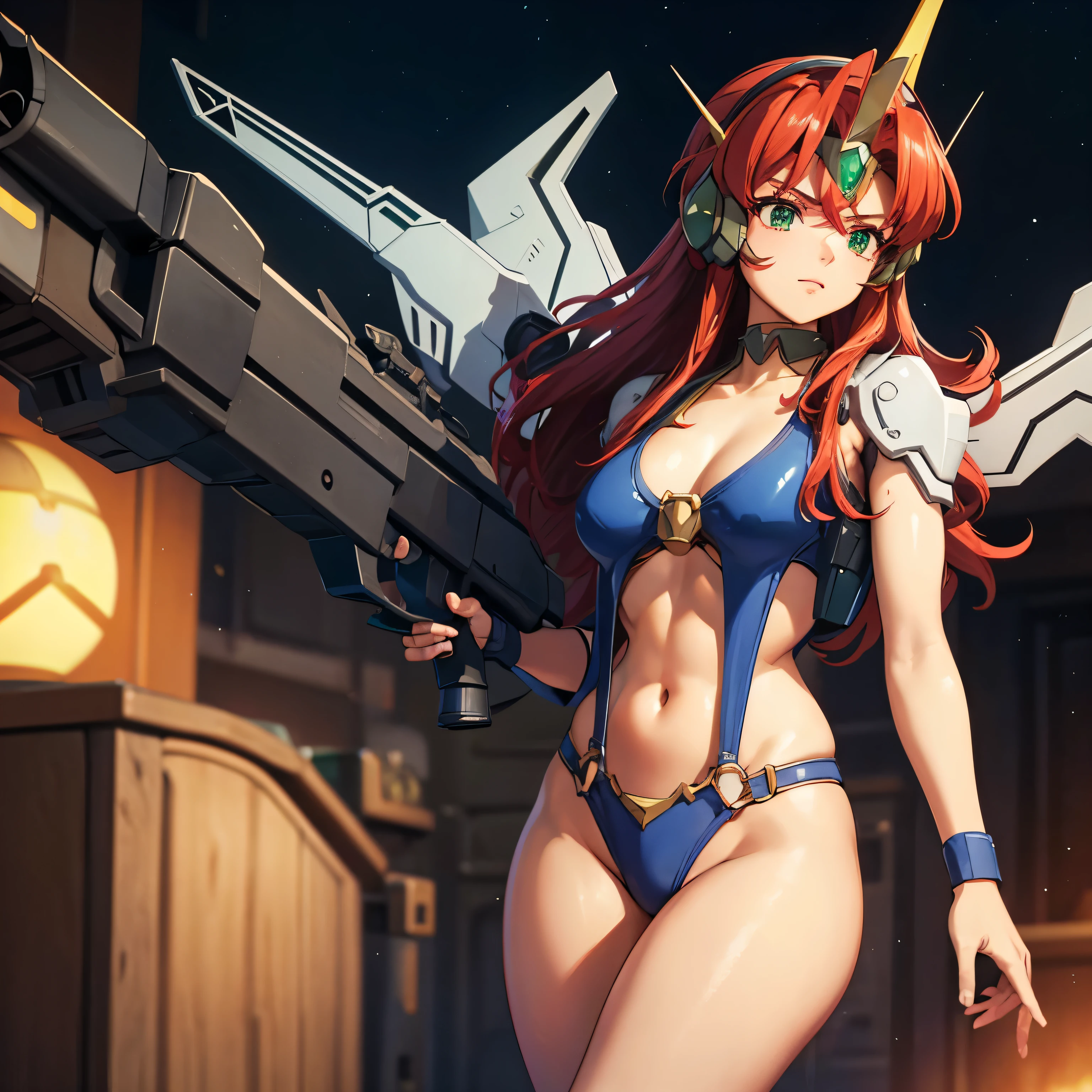 Imperial Guard Combat Uniform Swimsuit, o-ring bikini, v gundam, swimsuit, absurdres, highres, solo, cowboy shot, 1girl, neneka nibrou \(cosplay\), wristband, headphone, holster, backpack, holding gun, aiming, perfect hands, wind, (highres,best_quality,masterpiece), medium breast, hair ornament, valsione r, long hair, red hair, green eyes, medium breasts, mecha musume, mechanical parts, mecha armor, shoulder plates, robot, mechnical wings