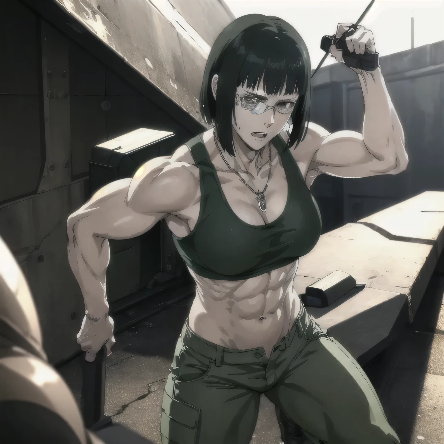 (best quality,ultra-detailed,realistic:1.37),musclaur badass girl with sculpted body with preview her musclaur body and eight-pack, full review of the female character's face and body, intense expression, strong and confident posture, studio lighting, vivid colors, physiologically-based rendering, grungy texture, rugged background, dust particles in the air, commanding presence, professional, powerful, gritty aesthetics,,Valmet،short hair,necklace,clean muscles،wearing green military pants with belt and  sport green tank top , tattoos on shoulders,clean clothes,1girl(solo),fat free body,penisQuiron, a penis,Valmet have a penis,penis growth inside pants