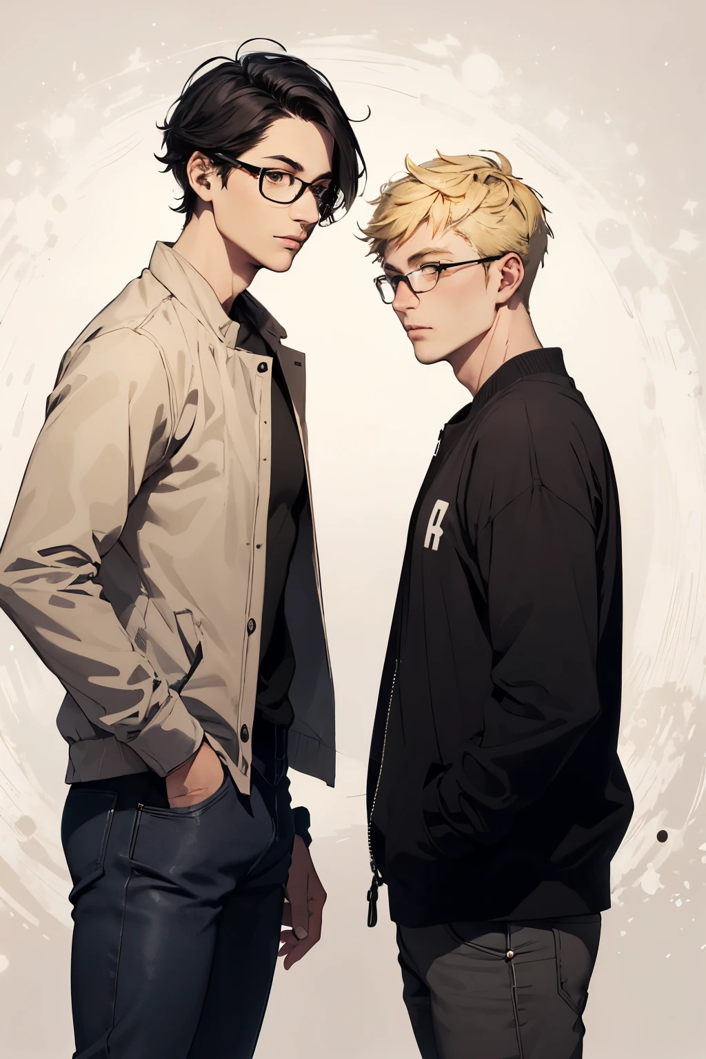 A tall man with black hair and glasses and a short adult man with blonde hair,
high quality,Casual clothing,A good friend