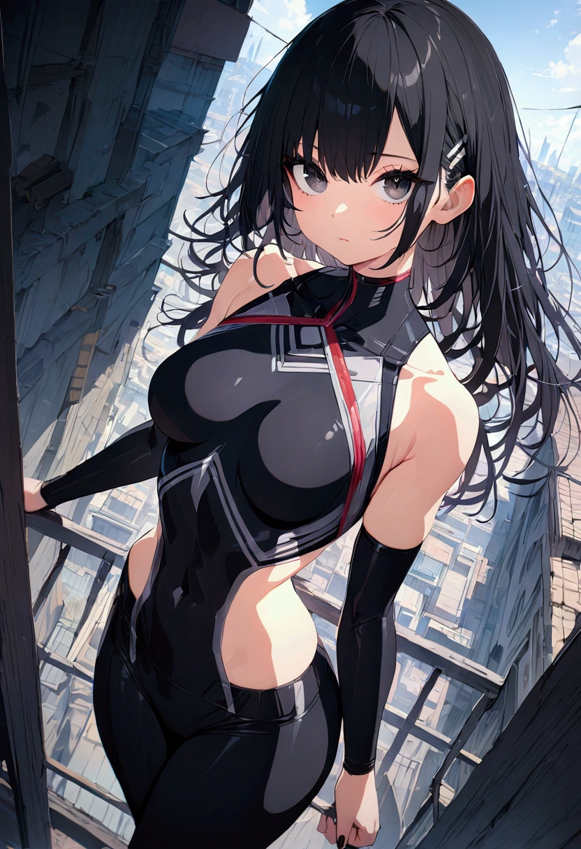 A young woman with long black hair, black eyes, slender and athletic built, detailed body, detailed eyes, masterpiece, best quality, aesthetic, ultra-detailed, ultra-sharp, 4k