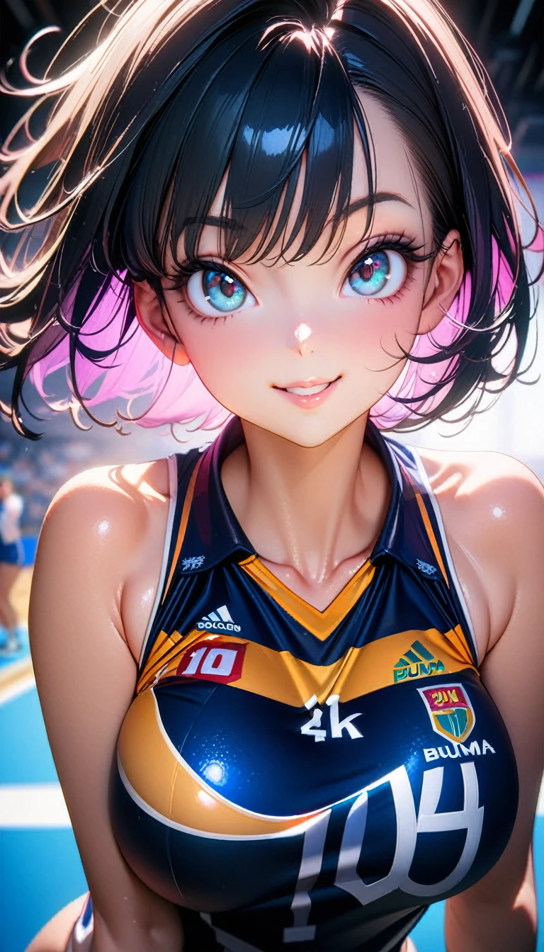 (8k, masterpiece), high resolution, high quality (best quality), very detailed, bulma, looking at you, seductive look, sexy smile, volleyball uniform, looking at you, seductive look, sexy smile, spectacular dynamic lighting, beautiful eyes, delicate face, detailed skin, detailed breasts, Eyes,Beautiful eyes