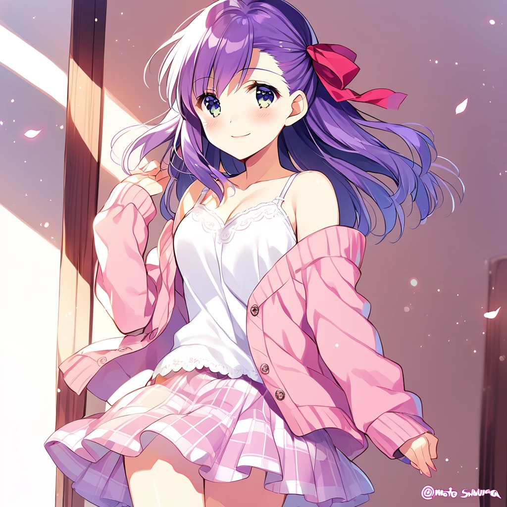 1girl(fate stay night, Matou Sakura, purple hair, side hair ribbon, white camisole, pink cardigan, light pink skirt, light smile), Don't expose your shoulders