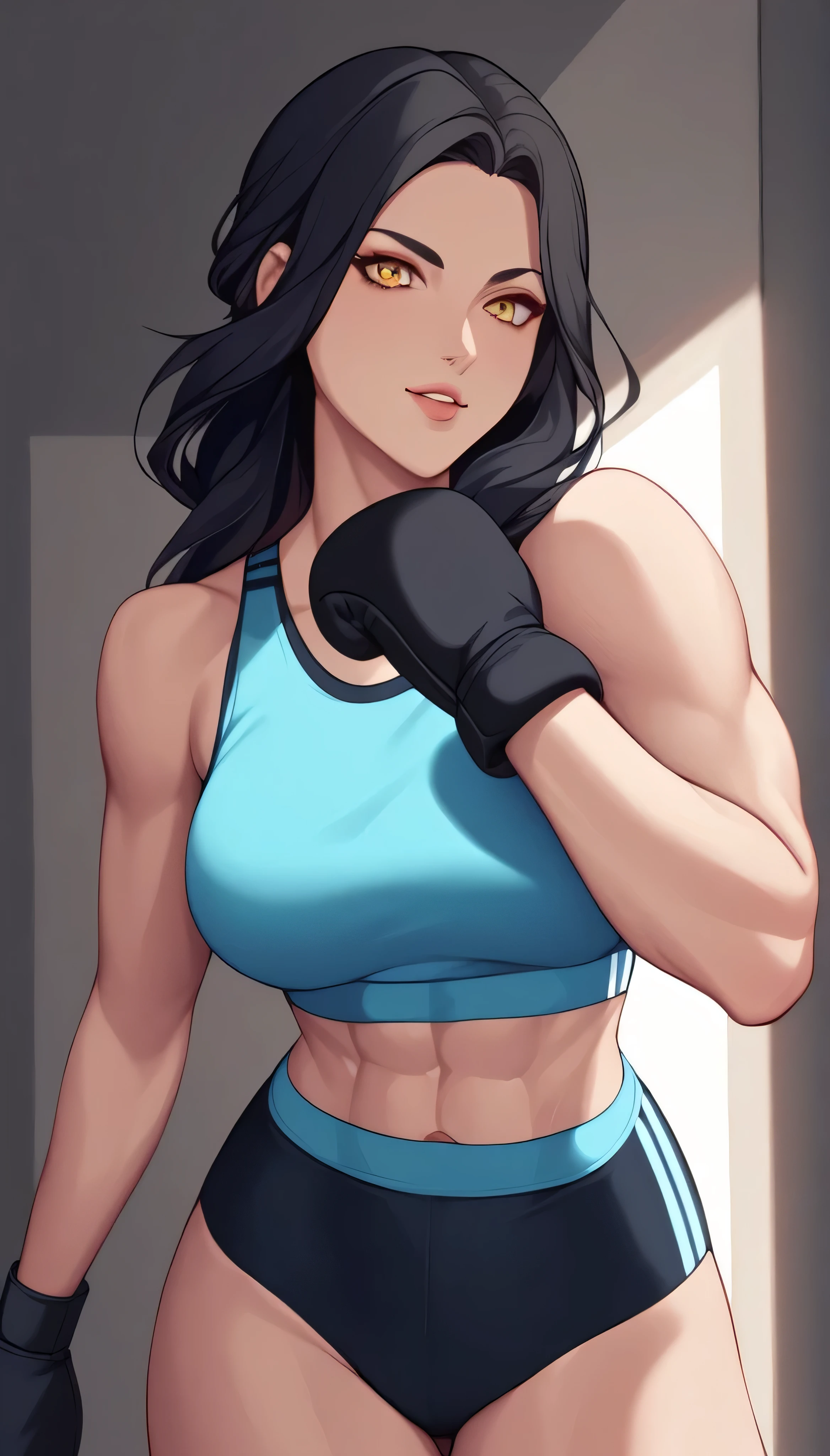 black hair,masterpiece,best quality,highres,ultra-detailed,aashizue,yellow eyes,long hair,(sports bra:1.2), boxing gloves,toned, muscular,(sleeveless:1.4),cowboy shot,