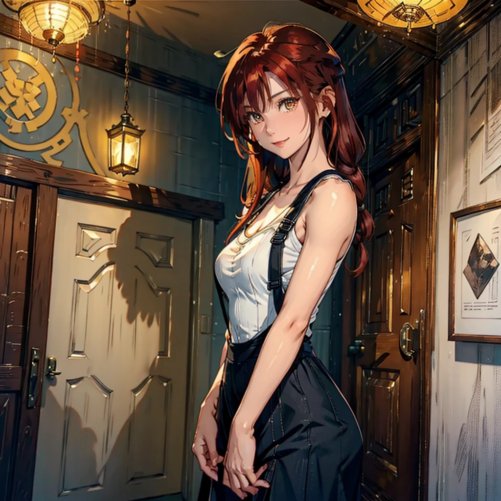 (((One woman))), (natural redhead), honey yellow eyes, by the wide, small braids, bright smile, detailed eyes, chest a little big, detailed body, beautiful body, detailed clothing, black overalls skirt with white blouse, head on, hands back leaning forward, flirtatious look, standing in the entrance of a house with the door open.