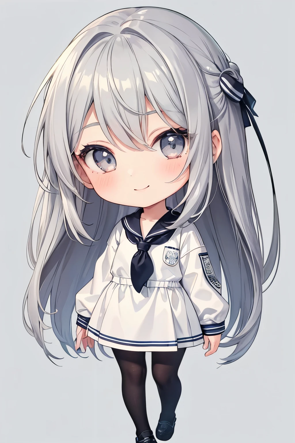 chibi,masterpiece,high quality,1 girl,full body,standing upright,grey hair,extremely detailed face,smile,simple background,big eyes,looking at the camera,sailor suit,Image color grey