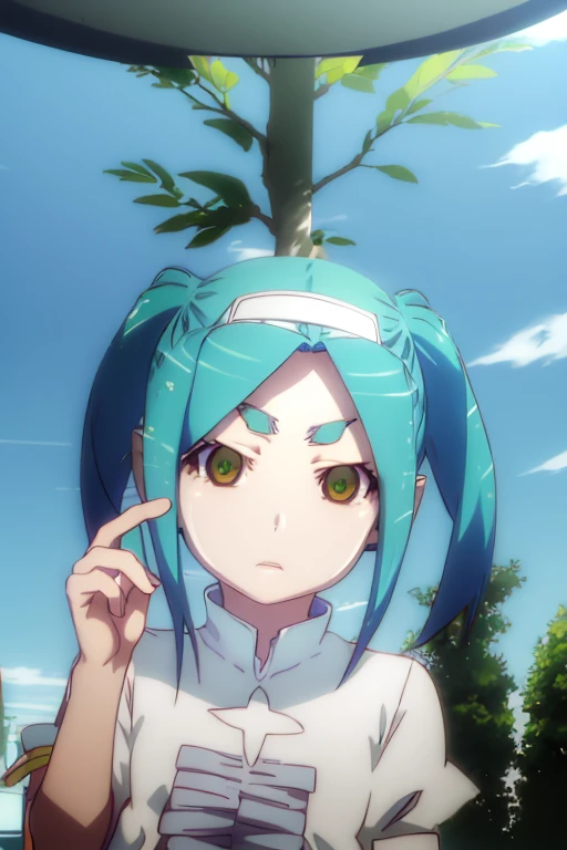 1 girl, standing alone, gazing at viewer, ononokiyotsugi, water hair, shorth hair, olhos inerdes, twintails, Thick eyebrows, striped pantyhose, blue and gray pantyhose, inestir, orange inestir, throat of a branch turtle, white frills, ha, puff sleeves, manga curta, Garden, árinores, close up, in, peace sign, inexpressiino, cloused mouth,